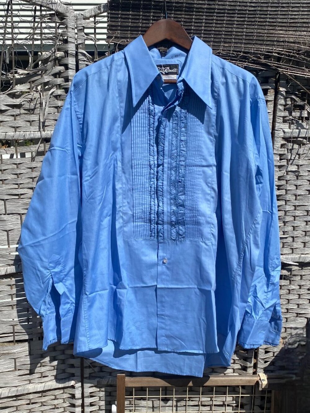 1970s Prince Rinaldi Ruffled Tuxedo Shirt Light Blue Men's Dagger Collar Vintage